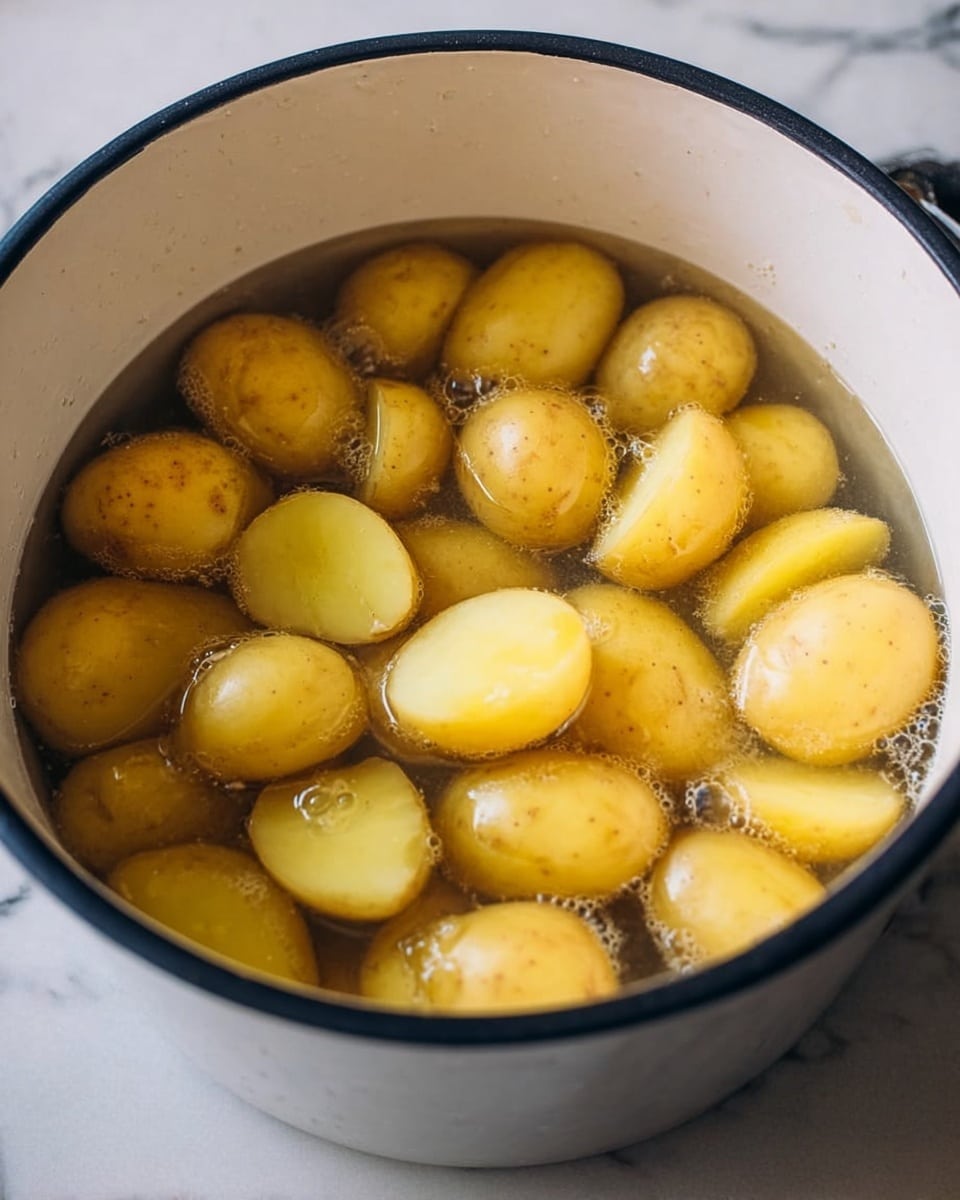 A close-up image showing a white pot filled with water and many small, whole yellow potatoes cut into halves floating inside. The potatoes have a smooth, slightly shiny surface with their yellow flesh and light brown skins visible through the clear water. The pot is simple with a black rim, and bubbles from boiling can be seen gently rising around the potatoes. The background and surface are a white marbled texture. photo taken with an iphone --ar 4:5 --v 7