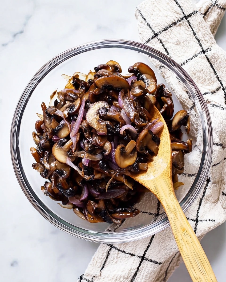 A clear glass bowl sits on a white marbled surface, filled with a mix of cooked dark brown mushrooms and slightly translucent caramelized purple onions. A wooden spoon with a smooth texture is placed inside the bowl, resting among the mushroom and onion mixture. To the side of the bowl, a white cloth with a black grid pattern casually lies on the surface. The overall look is warm with rich, earthy colors from the mushrooms and onions. photo taken with an iphone --ar 4:5 --v 7