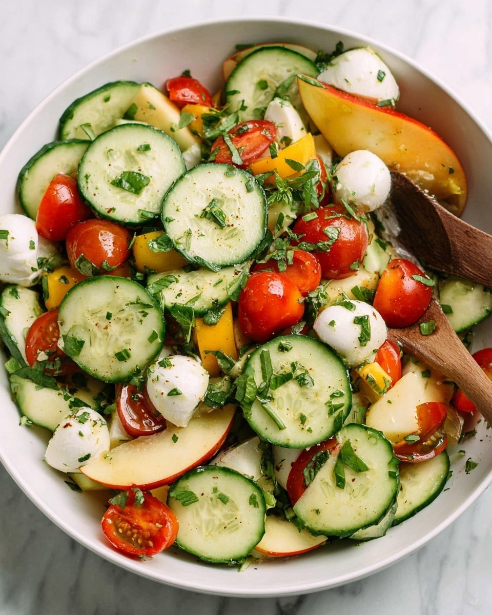 The image shows a fresh salad in a white bowl on a white marbled surface. The salad has several layers: large green cucumber slices with textured skin and seeds, small bright red cherry tomato halves with juicy inside, yellow and red apple chunks with skin, and small white mozzarella balls. There are green herbs sprinkled on top, adding a fresh look, and a wooden spoon on the right side inside the bowl. The colors are vibrant and the textures vary from smooth and juicy to firm. Photo taken with an iphone --ar 4:5 --v 7