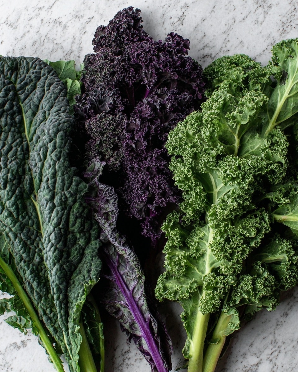 Three types of fresh leafy kale are arranged side by side on a white marbled surface. On the left, there are dark green kale leaves with a bumpy texture and long thick stems. In the middle, there is a cluster of deep purple kale with tightly curled, delicate edges and purple stems. On the right, bright green curly kale with ruffled edges and medium green stems is shown. The leaves have a fresh, crisp look with natural texture and veins visible. photo taken with an iphone --ar 4:5 --v 7