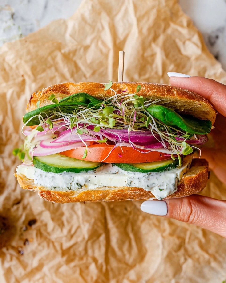 A sandwich is held by a woman's hand with white painted nails, showing three layers inside a golden toasted bun. The bottom layer has a slice of bright red tomato smeared with white herb sauce. Above it, there is a layer of green cucumber slices topped with thin purple onion strips and light green sprouts. The final layer has white cheese, leafy green spinach, and more white herb sauce spread on the top bun. A small wooden stick holds the sandwich together. The sandwich rests on crumpled beige parchment paper over a white marbled surface. Photo taken with an iphone --ar 4:5 --v 7