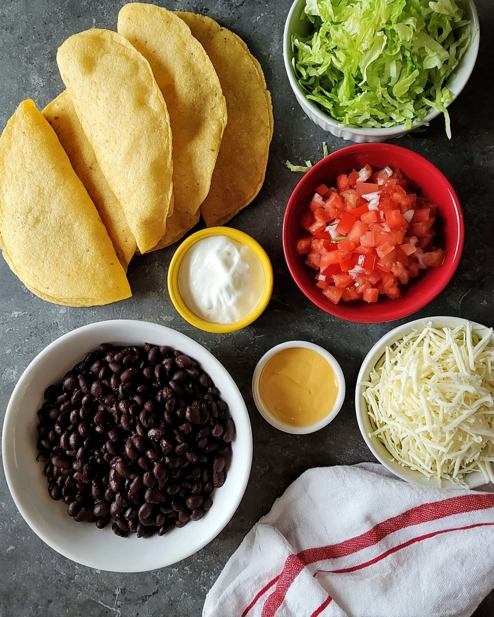 The image shows four soft, folded yellow corn taco shells stacked on the left side. On the right, there are five small bowls arranged in a scattered layout over a dark gray surface that should be changed to white marbled texture: a large white bowl filled with black beans sits at the bottom left, above that is a small yellow bowl with white sour cream, next to it is a yellow bowl filled with diced red tomatoes, to the right a white bowl has shredded white cheese, and above that is a red bowl full of shredded green lettuce. In the center is a small bowl with yellow cheese sauce. A white cloth with red stripes is placed in the bottom right corner. photo taken with an iphone --ar 4:5 --v 7