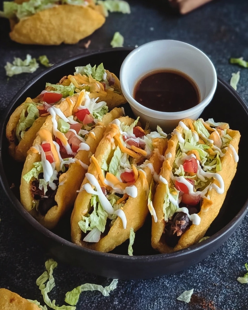 A black round bowl contains four mini tacos arranged side by side. Each taco has a golden soft shell folded with visible layers inside: a dark textured filling at the bottom, topped with green shredded lettuce, small red diced tomatoes, shredded white cheese, some black beans or olives, and a drizzle of light orange sauce with a dollop of white sauce. In the center of the bowl is a small white cup filled with dark brown dipping sauce. The bowl sits on a dark surface with scattered lettuce bits and a piece of taco near the upper left corner. photo taken with an iphone --ar 4:5 --v 7