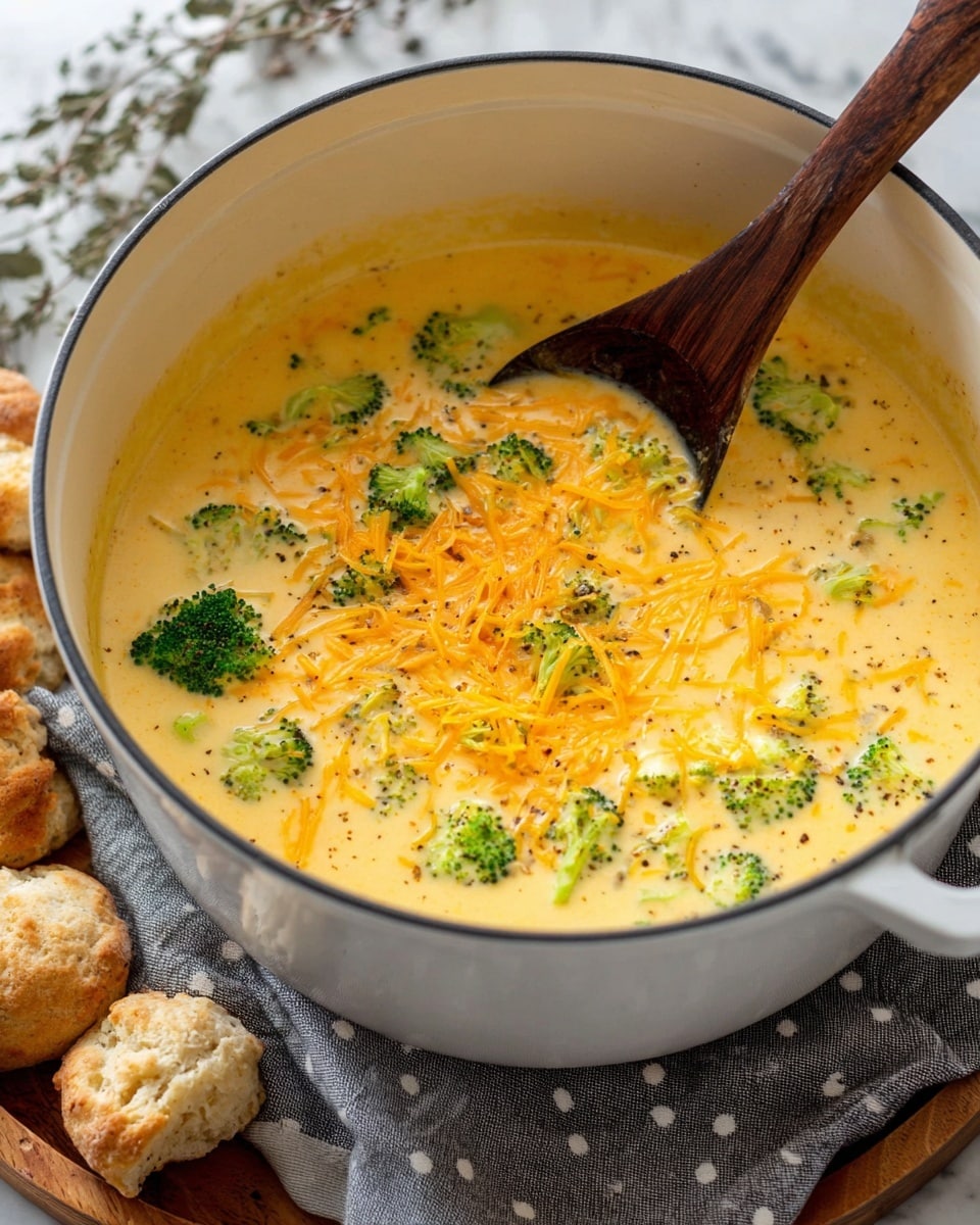 A thick, creamy yellow cheese soup fills a large white pot, with small pieces of bright green broccoli floating on top. Shredded orange cheddar cheese is sprinkled generously over the surface, with tiny black pepper specks adding contrast. A dark wooden spoon dips into the soup, stirring the melted cheese and broccoli, showing a smooth texture. The pot sits on a grey cloth with white dots, placed on a round wooden tray surrounded by small pieces of crunchy bread dumplings, all set against a white marbled background. Photo taken with an iphone --ar 4:5 --v 7