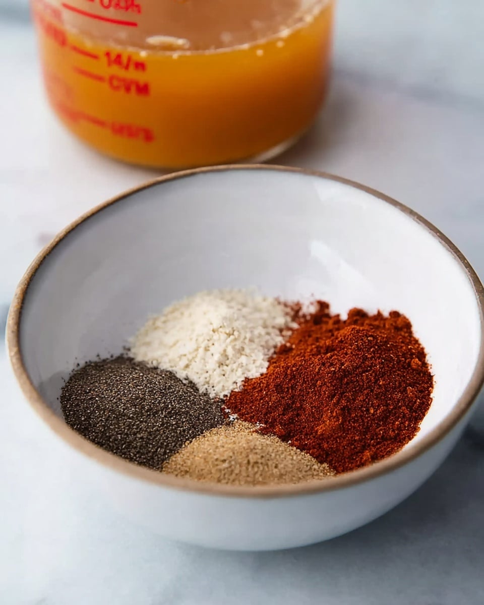 A small white bowl sits on a white marbled surface, holding four different spices arranged in neat sections side by side. The top right section has a red powdery spice, the top left contains a white grainy spice, the bottom left has a dark coarse spice, and the bottom right holds a light brown fine spice. Behind the bowl, there is a clear measuring cup with orange liquid inside, with red measurement markings visible. photo taken with an iphone --ar 4:5 --v 7