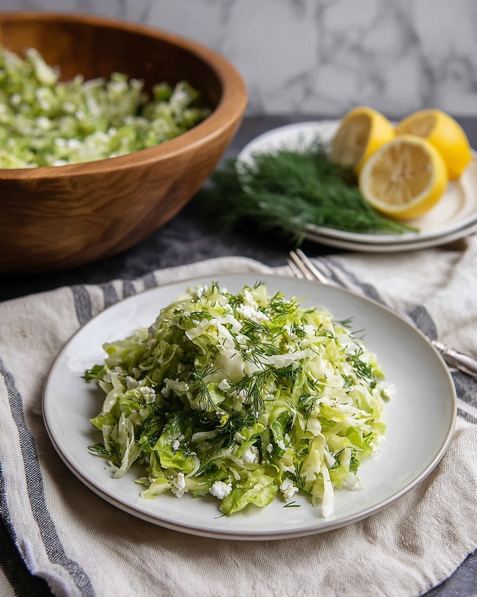 A white plate with a fresh salad made of shredded light green and pale yellow lettuce mixed with small white cheese bits and finely chopped dark green herbs, all softly piled in the center. Behind the plate, a large wooden bowl holds more of the same salad, showing the different shades of green and white textures. To the right, a white plate with a thin edge design holds two lemon halves and some fresh dill. The setting is on a light beige cloth with grey and white stripes, placed over a dark surface with a white marbled texture in the background. Photo taken with an iphone --ar 4:5 --v 7