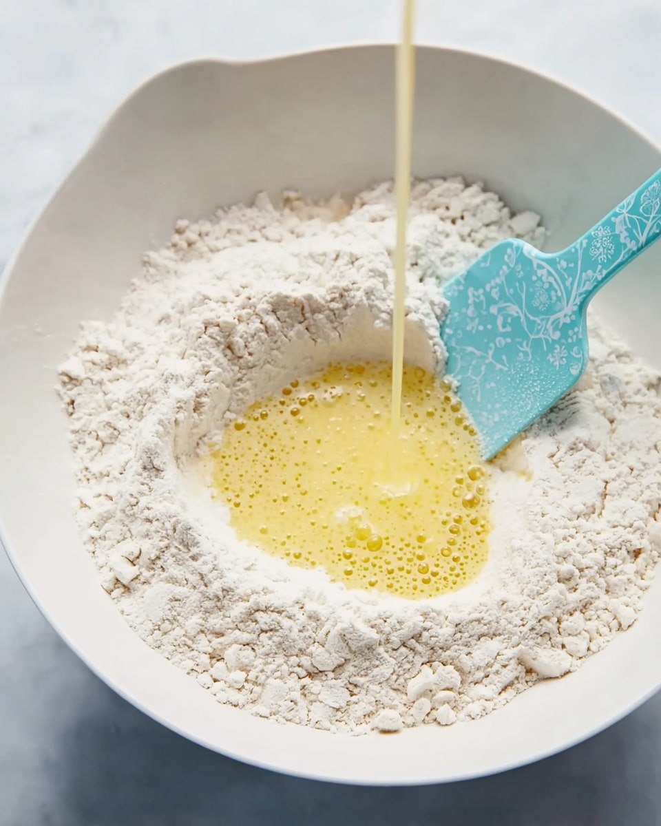 A white bowl holds a pile of white flour with an indentation in the center, where a yellow liquid is being poured in, creating bubbles on the surface. The flour is powdery and dense, surrounding the liquid filling the middle. A light blue spatula with a delicate pattern is placed inside the bowl on the right side, partially buried in flour. The scene is set on a white marbled surface, and the image has a close-up focus on the mixing process. photo taken with an iphone --ar 4:5 --v 7