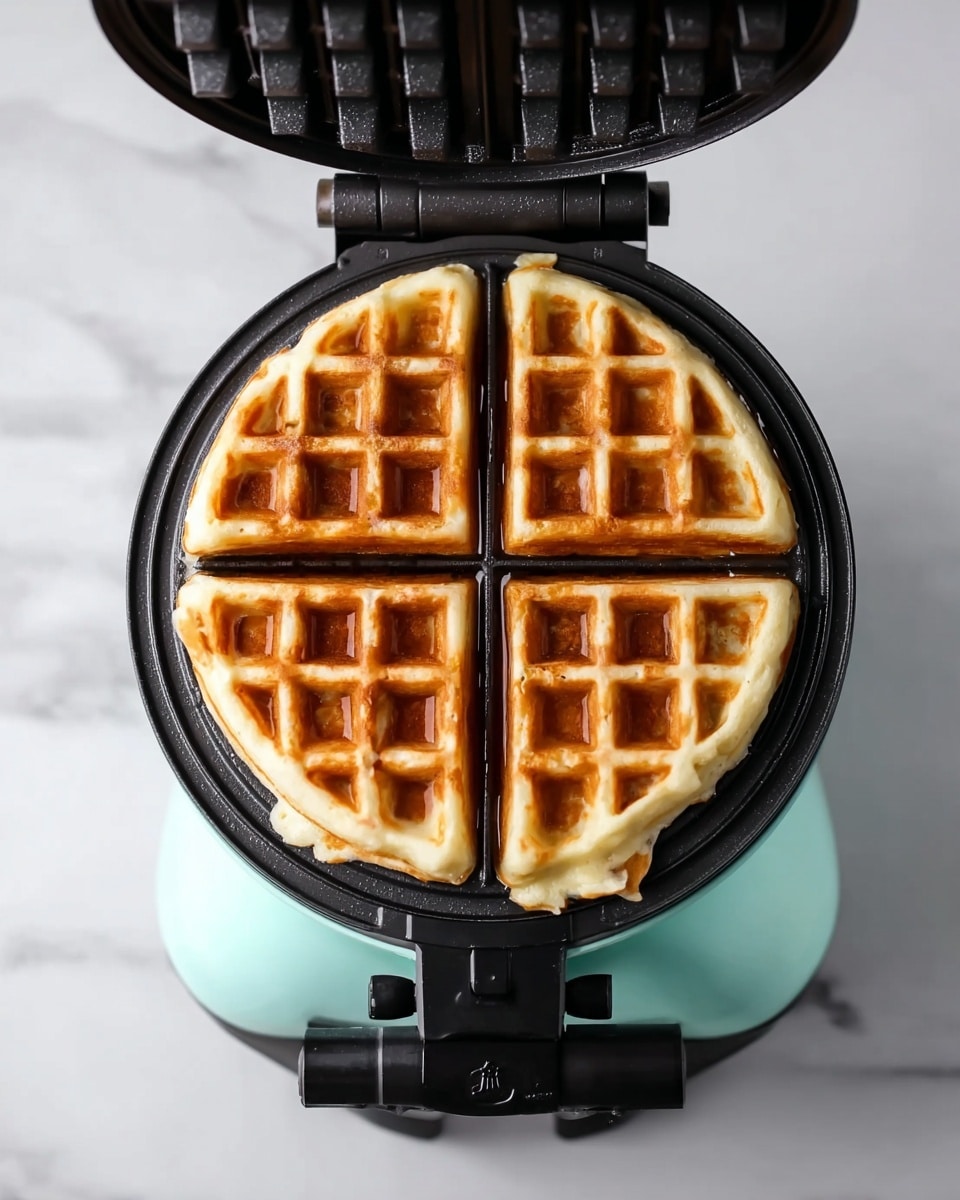 A round waffle with four sections sits inside a waffle iron, steaming hot. The waffle is golden brown on top with a slightly crispy texture showing in the square pockets. Its edges are light and fluffy, curving slightly out over the black waffle iron plates. The iron itself is open, with a teal outer shell and black handles. The whole setup is on a white marbled surface. photo taken with an iphone --ar 4:5 --v 7