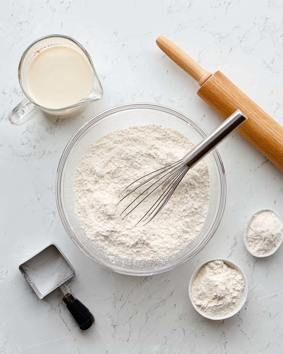 A clear glass bowl filled with white flour sits in the center on a white marbled surface, with a metal whisk resting inside the bowl. To the left, there is a clear measuring cup filled with a creamy white liquid, and below it is a silver dough cutter with a black handle. To the right of the bowl, there is a small white measuring spoon filled with more white flour and a metal round cutter next to it. A light wooden rolling pin is placed diagonally in the top right corner against the white marbled surface. photo taken with an iphone --ar 4:5 --v 7