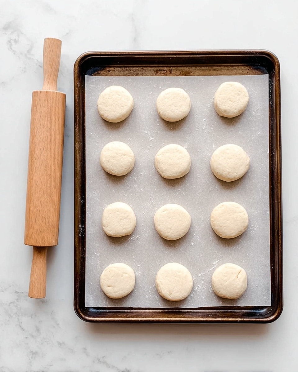 The image shows a baking tray lined with parchment paper holding twelve small round dough pieces neatly arranged in three rows and four columns. To the left of the tray, there is a wooden rolling pin resting on a white marbled surface. The dough pieces have a smooth, pale texture and are evenly spaced on the tray. The background is a white marbled texture. photo taken with an iphone --ar 4:5 --v 7