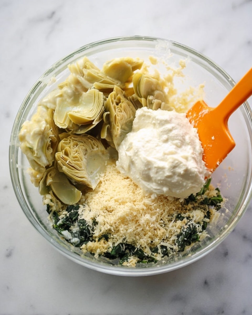 A clear glass bowl with several layers inside, placed on a white marbled surface. The bowl holds cooked chopped artichoke pieces that are light green and placed on one side. Next to them is a dollop of thick white cream with a smooth texture, partly touched by an orange spatula. Below the artichokes and cream, there is a layer of grated pale yellow cheese sprinkled over some chopped spinach, which is dark green and moist. Photo taken with an iphone --ar 4:5 --v 7