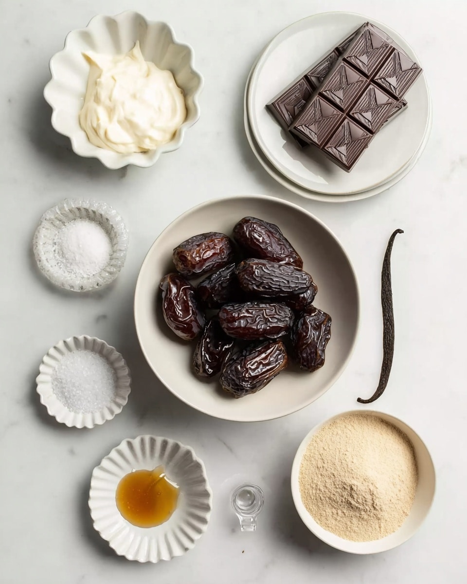 A top view of seven white dishes and a vanilla bean placed on a white marbled surface. At the center is a white bowl filled with dark brown dates showing glossy, wrinkled textures. To the top right, there are two stacked white plates holding a bar of chocolate with geometric patterns, dark brown and smooth. To the top left, a white scalloped dish contains a thick white creamy substance. Below it, a small white bowl holds coarse salt with a small scoop. At the bottom left, a white fluted dish with a fine white powder, possibly sugar or flour, spread evenly. In the middle bottom, a small white plate has a dollop of golden, sticky syrup with a bit of a transparent spot showing light reflection. Finally, at the bottom right, a white bowl holds a beige powder with a small clear scoop resting inside. A single dark brown vanilla bean pod lies horizontally between the chocolate plates and the bowls. Photo taken with an iphone --ar 4:5 --v 7