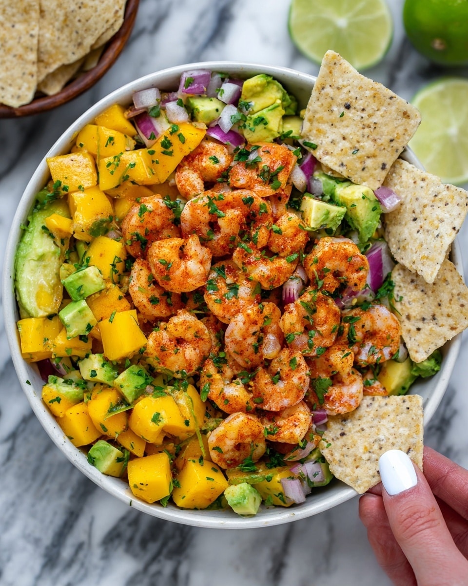 A white bowl filled with a colorful shrimp salad, showing at least four layers of ingredients. The base layer consists of bright yellow mango cubes, mixed with green avocado chunks and small pieces of red onion, all mixed evenly. On top, there are many small, cooked shrimp coated with a reddish seasoning, scattered across the bowl. Fresh chopped green herbs are sprinkled over everything. Two white multigrain chips are placed on the side of the bowl, one slightly stuck into the salad. At the bottom right corner, a woman's hand with white painted nails holds one of the chips. The bowl rests on a white marbled surface, with a lime wedge partially visible and another bowl of chips nearby. photo taken with an iphone --ar 4:5 --v 7
