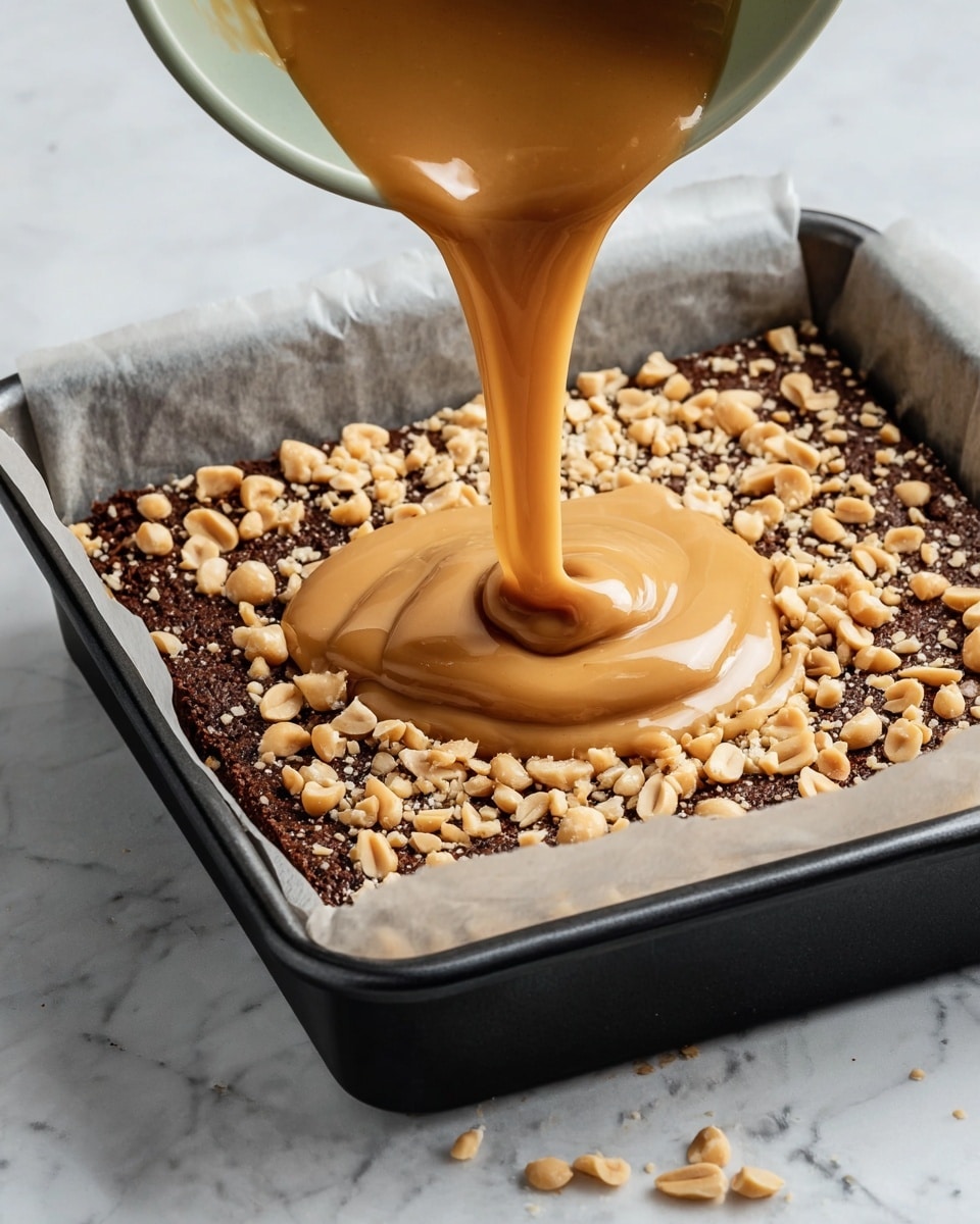 The image shows a dessert preparation in a black baking pan lined with parchment paper on a white marbled surface. The bottom layer is a dark brown, dense-looking base sprinkled evenly with crushed light tan peanuts. A thick, smooth, glossy light brown caramel sauce is being poured from a pale green bowl onto the center, slowly spreading over the peanut layer. The caramel has a shiny texture and appears creamy and rich, creating a small pool around the middle of the pan. Photo taken with an iphone --ar 4:5 --v 7