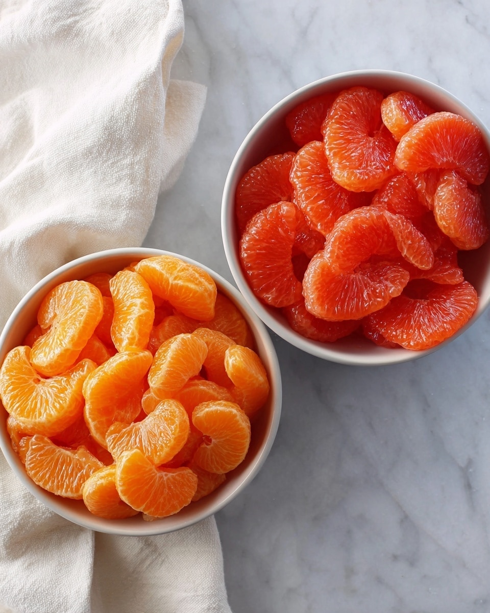 Two round white bowls filled with fruit sit on a white marbled surface. The bowl on the left is full of bright orange mandarin slices, layered thickly and evenly. The bowl on the right is filled with larger, red grapefruit segments kept neatly in layers, showing their juicy texture. A soft white cloth is partially under the left bowl. The overall image is clear, bright, and fresh. photo taken with an iphone --ar 4:5 --v 7