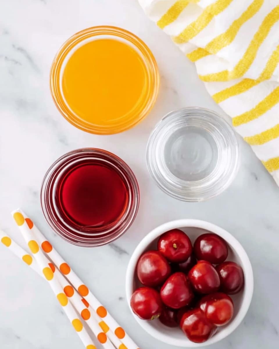 The image shows four small clear glass bowls arranged on a white marbled surface. The top bowl contains bright orange liquid, the bowl to the right holds a deep red liquid, the bowl to the left has a clear liquid, and the bottom white bowl is filled with shiny, whole bright red cherries. Next to the bowls are three white straws with orange polka dots and stripes. A yellow and white striped cloth is placed at the top right corner. Photo taken with an iphone --ar 4:5 --v 7