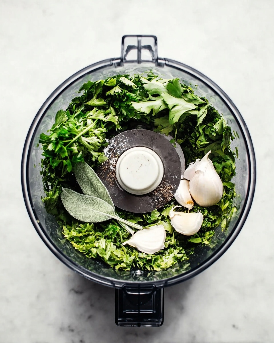 A top view of a clear food processor bowl filled with fresh green herbs mainly parsley and sage, two white garlic cloves, a small peeled shallot, black pepper and some salt sprinkled on top. The food processor blade is centered inside the bowl with the herbs and ingredients arranged around it. The background is a white marbled texture photo taken with an iphone --ar 4:5 --v 7