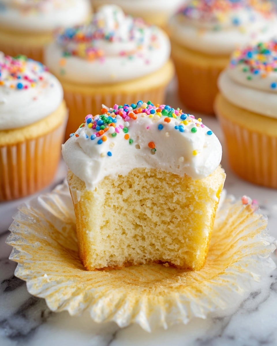 A close-up image of a vanilla cupcake with two layers: the bottom layer is a light yellow, soft cupcake with a ridged texture along the edge showing the paper liner, topped with a smooth layer of white icing. The top layer is a half-eaten cupcake with the same light yellow fluffy texture inside and covered in white icing with colorful round sprinkles scattered on top. The cupcakes are placed on a white marbled surface. In the background, several more vanilla cupcakes with white frosting and colorful sprinkles are softly blurred. Photo taken with an iphone --ar 4:5 --v 7