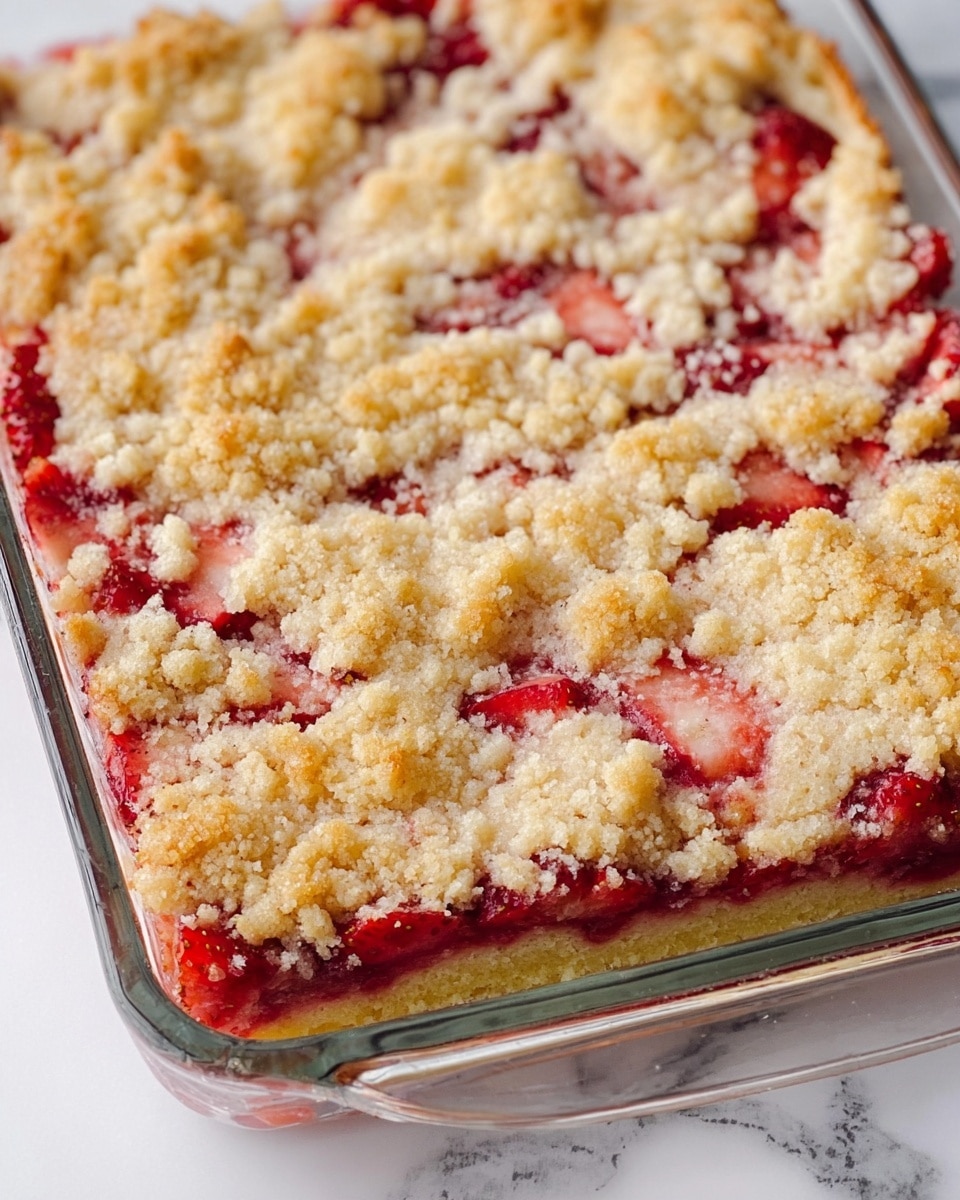 The image shows a close-up of a baked dessert in a clear glass rectangular dish, placed on a white marbled surface. The dish has three visible layers: a golden brown crumbly topping with uneven texture, sliced red strawberries deeply embedded just below the topping, and a soft, light yellow cake base at the bottom. The strawberries are spread unevenly, creating bright red streaks and patches throughout the crumbly top layer. The edges of the dessert are slightly browned, indicating it is freshly baked. Photo taken with an iphone --ar 4:5 --v 7