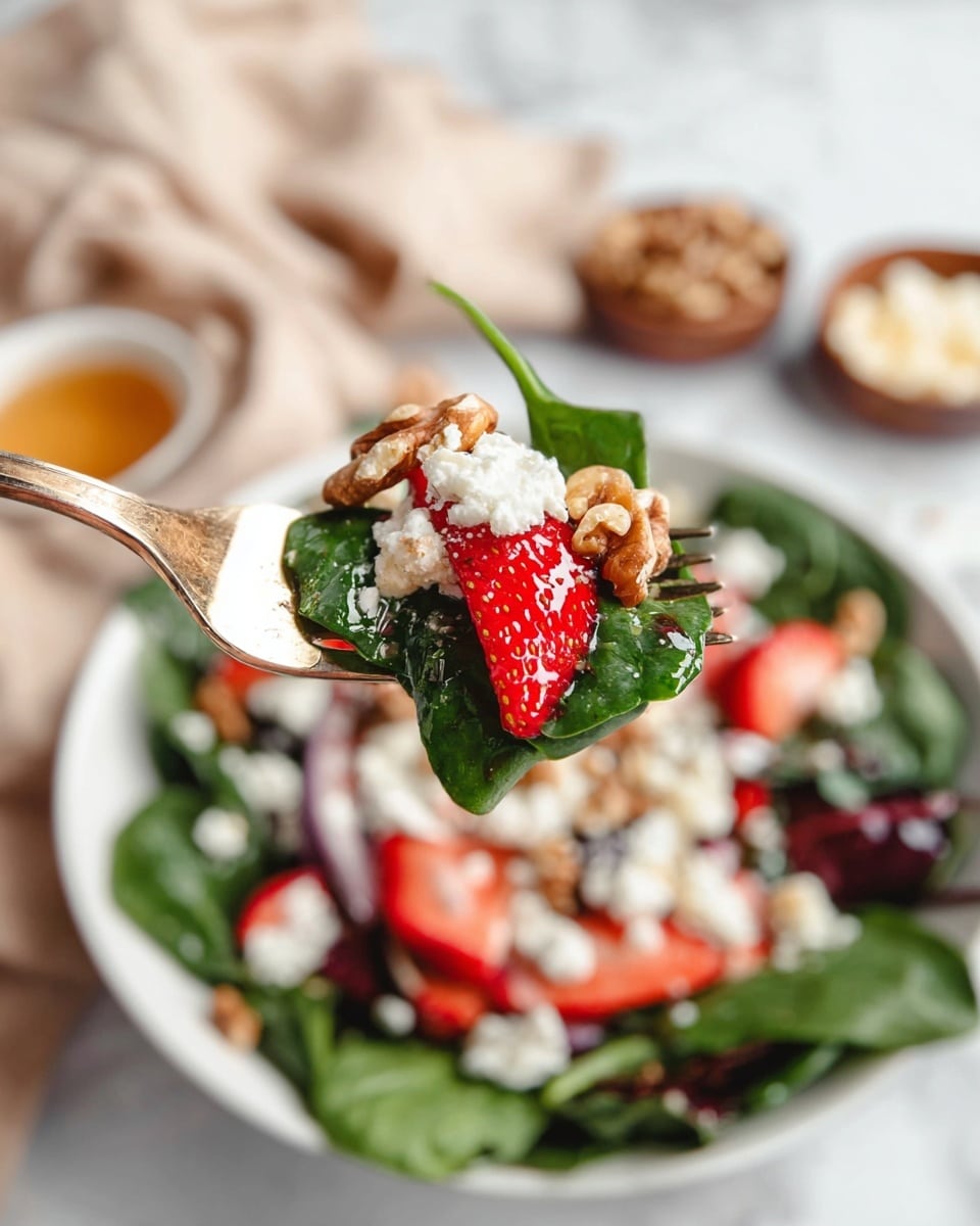 A close-up view of a fork holding a mix of fresh green spinach leaves, bright red sliced strawberries, creamy white cheese crumbles, a piece of crunchy light brown walnut, and a small bit of purple onion. Behind the fork is a white bowl full of a salad made of the same ingredients on a white marbled surface. Around the bowl are blurred items including a beige cloth, a small bowl of cheese, and a small bowl of walnuts. The photo taken with an iphone --ar 4:5 --v 7