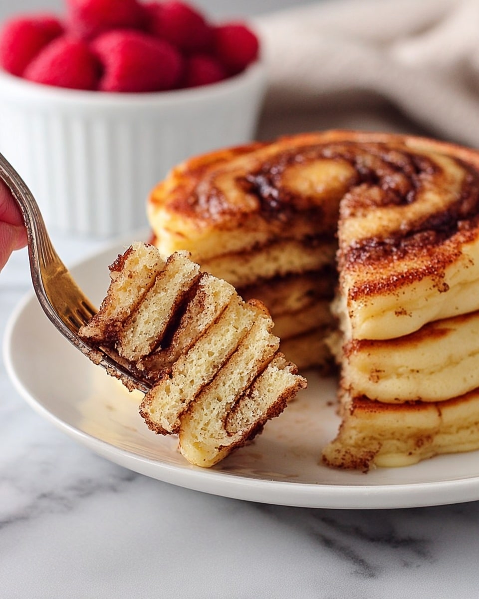 A stack of four thick golden pancakes with a cinnamon swirl on top sits on a white plate on a white marbled surface. The pancakes have a soft, fluffy texture with visible air pockets and a slightly crisp, caramelized edges where the cinnamon filling swirls. A woman's hand holds a silver fork that lifts three small, layered pancake pieces showing the cinnamon filling between the layers clearly. In the background, there is a white bowl filled with fresh red raspberries. photo taken with an iphone --ar 4:5 --v 7