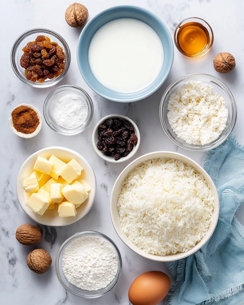 A top view shows various ingredients neatly arranged on a white marbled surface. There is a white bowl filled with cooked white rice on the right side, next to a blue bowl holding white milk. Surrounding these are small white and brown bowls containing golden raisins, dark raisins, white sugar, and a brown spice. There is also a glass bowl with white cream, a glass bowl with three small pieces of yellow butter, and a brown egg placed near the bottom left. A couple of whole nutmegs and a small bowl of amber syrup are placed near the top right. A light blue cloth is partly visible under some bowls. The layout is clear and bright, with a clean and simple style, photo taken with an iphone --ar 4:5 --v 7