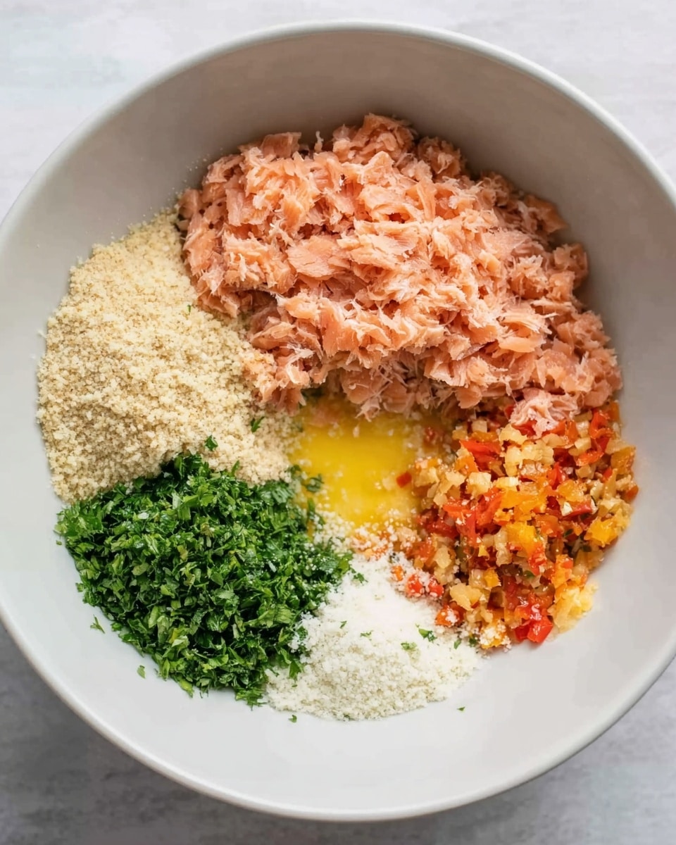 A white bowl on a white marbled surface holds six different ingredients arranged in separate sections. On the top left, there is a large layer of finely shredded pink salmon with a soft texture. Below it on the left side, there is a pile of light beige breadcrumbs with a grainy texture. Below the salmon and breadcrumbs, on the bottom right, sits a bright green chopped herb, likely parsley, with a leafy texture. Next to the green herb, in the middle right, is a small pile of orange and red roasted or cooked pepper pieces with a soft texture. Above the roasted peppers and to the right of the salmon is a golden yellow liquid, possibly an egg yolk mixture, with a smooth and shiny surface. Near the center of the bowl, there is a small amount of white powdered or grated cheese with a crumbly texture. The ingredients are clearly separated and fill the bowl almost to the top. photo taken with an iphone --ar 4:5 --v 7