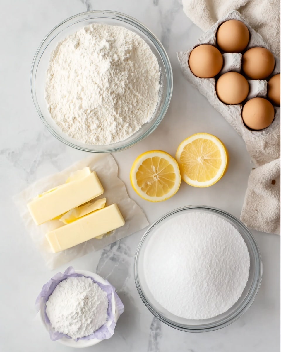The image shows ingredients arranged on a white marbled surface: a large clear glass bowl filled with white flour at the top left, a large clear glass bowl filled with white sugar at the bottom right, two halves of a bright yellow lemon placed between them, two sticks of pale yellow butter wrapped in paper near the bottom left, a small white bowl filled with fine white powder (possibly powdered sugar) below the sugar bowl, and four light brown eggs resting in a white egg holder with a beige cloth partially under it at the top right. photo taken with an iphone --ar 4:5 --v 7