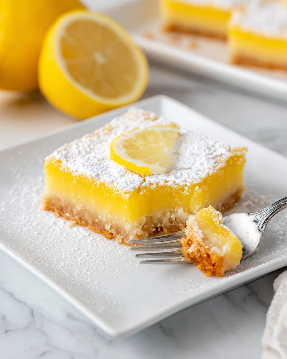 The image shows a square lemon bar on a white square plate placed on a white marbled surface. The lemon bar has two clear layers: a thicker, dense light brown base layer with a crumbly texture, and a thinner, smooth bright yellow lemon filling layer on top. The top surface is covered with a dusting of white powdered sugar, and a small quarter lemon slice sits neatly in the center. A silver fork is pulling a small piece from one corner of the lemon bar. The background includes some out-of-focus halved lemons. Photo taken with an iphone --ar 4:5 --v 7