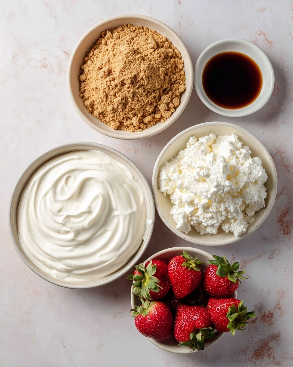 The image shows five white bowls arranged on a white marbled surface. The largest bowl at the bottom holds smooth, creamy white yogurt with soft swirls. Above it, a medium bowl contains fine, light brown crushed biscuits, with a crumbly texture and small chunks. To the upper right is another bowl filled with fluffy, white cottage cheese, showing a lumpy texture. Below the cottage cheese, there is a small bowl filled with bright red strawberries with green tops, looking fresh and glossy. Next to the strawberries, there is a very small white bowl with dark brown syrup, shiny and thick. Photo taken with an iphone --ar 4:5 --v 7