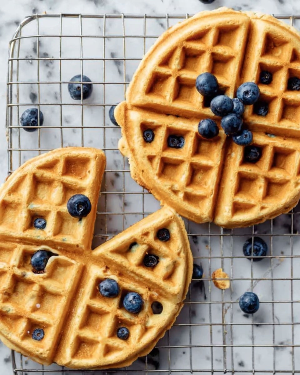 Two golden brown waffles with a light crisp texture rest on a wire rack over a white marbled surface. The waffle on the left is cut into four pieces and sprinkled with fresh blueberries, including a few scattered around it on the rack. The waffle on the right is whole, topped with a few blueberries nestled in the waffle squares. The colors show warm golden tones of the waffles contrasted with the deep blue of the berries, creating a fresh and inviting look. photo taken with an iphone --ar 4:5 --v 7