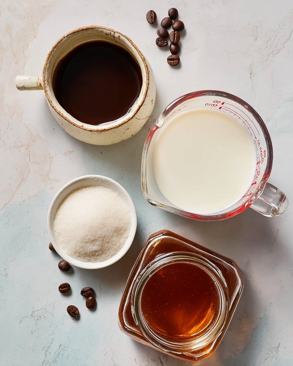 The image shows four containers of ingredients on a white marbled surface, each placed separately. At the top left, a rustic small white cup holds a smooth dark brown liquid with a slightly glossy surface. On the right side, a clear glass measuring cup filled with white milk sits showing red measurement marks on the side. Below the cup, a small square glass jar with a hinged lid, filled with a dark amber liquid, is open with the lid resting against the jar. On the bottom left, a small round white bowl holds a fine, white granulated substance, likely sugar. Scattered around the containers are seven dark brown coffee beans, adding a touch of texture. The photo taken with an iphone --ar 4:5 --v 7