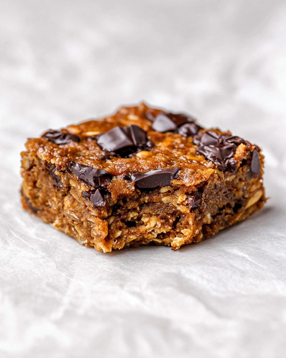 The image shows a thick square snack bar resting on white wrinkled paper with a white marbled texture underneath. It has two visible layers, each a dense, moist warm brown with bits of oats and nuts inside. The top layer is dotted with large dark brown chocolate chunks, some slightly melted, giving a shiny contrast to the matte texture of the bar. The edges are rough, and one corner has a small bite taken out, revealing the soft, chewy inside. Photo taken with an iphone --ar 4:5 --v 7