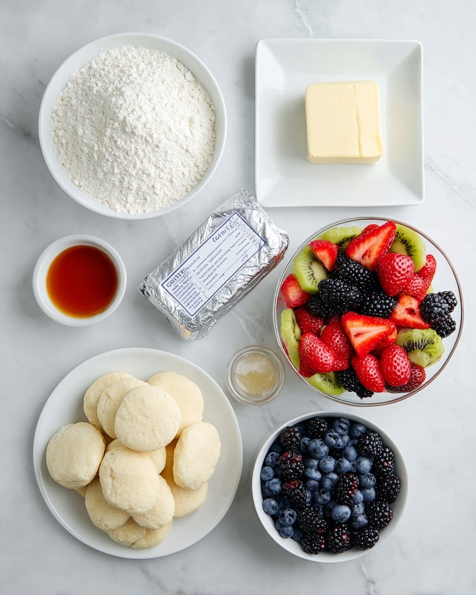 A white marbled surface holds several white dishes and items arranged neatly: on the top left is a white bowl filled with white flour, next to it on the right is a small white square plate with a block of pale yellow butter. Below the butter is a silver wrapped block of cream cheese with blue text. To the left of the cream cheese, a small white square dish contains amber-colored vanilla extract. Below these, on the bottom left, a white plate is stacked with many small, thick, round beige biscuit dough pieces. To the right, a white bowl is full of dark blue, almost black, blueberries. Above this bowl, a large round clear glass bowl contains a mix of bright red raspberries and strawberries, black blackberries, and green pieces of kiwi. Photo taken with an iphone --ar 4:5 --v 7