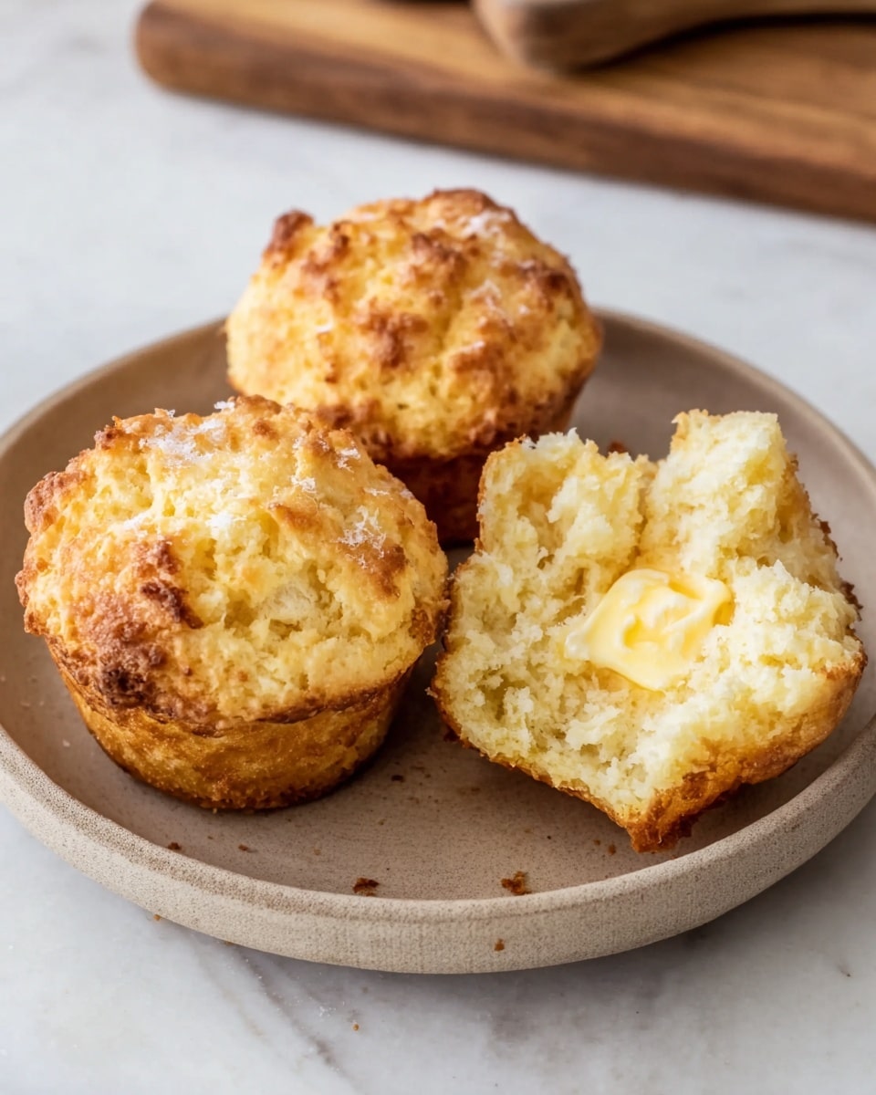 Three golden brown muffins with a rough, crumbly top sit on a round white plate. One muffin is broken open, showing a soft, fluffy inside with a small piece of melting butter visible in the center. The muffins have a slightly uneven texture on the surface, with some spots more browned than others. The plate rests on a white marbled surface, and a wooden cutting board is seen blurred in the top background. photo taken with an iphone --ar 4:5 --v 7