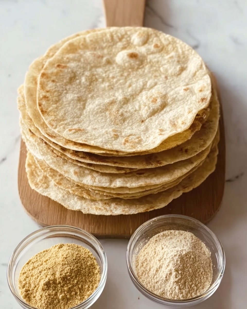 A stack of seven round, light brown tortillas with a soft, slightly wrinkled texture sits centered on a wooden board placed over a white marbled surface. Flanking this stack on both the lower left and lower right edges of the image are two clear glass bowls, each containing fine powders of different colors—one bowl holds a golden-yellow powder and the other a light beige powder. The overall setting is simple and clean, highlighting the tortillas as the main subject. photo taken with an iphone --ar 4:5 --v 7