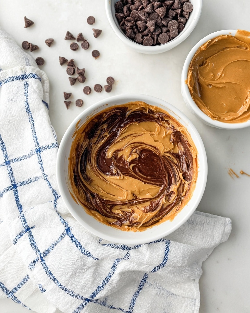 The image shows a white bowl with a swirled mixture of light brown peanut butter and dark brown chocolate on top, creating a marbled effect with smooth and creamy textures. To the top right of the bowl, there is another white bowl filled with smooth, light brown peanut butter. On the left side, there is a white bowl with dark brown chocolate chips, some scattered on the white marbled surface around it. A white and blue checkered cloth with soft folds lies underneath and to the right of the bowls, adding a cozy kitchen feel. Photo taken with an iphone --ar 4:5 --v 7