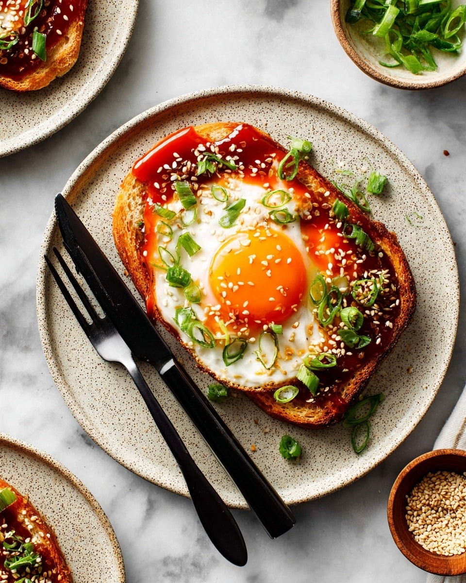 A white plate with a toasted slice of bread topped with a layer of red sauce, then a fried egg with a bright orange yolk in the center, sprinkled with light sesame seeds and garnished with chopped green onions. A black fork and knife rest on the right side of the plate, which sits on a white marbled surface. Around the plate are small bowls with sesame seeds and green onions scattered nearby. photo taken with an iphone --ar 4:5 --v 7