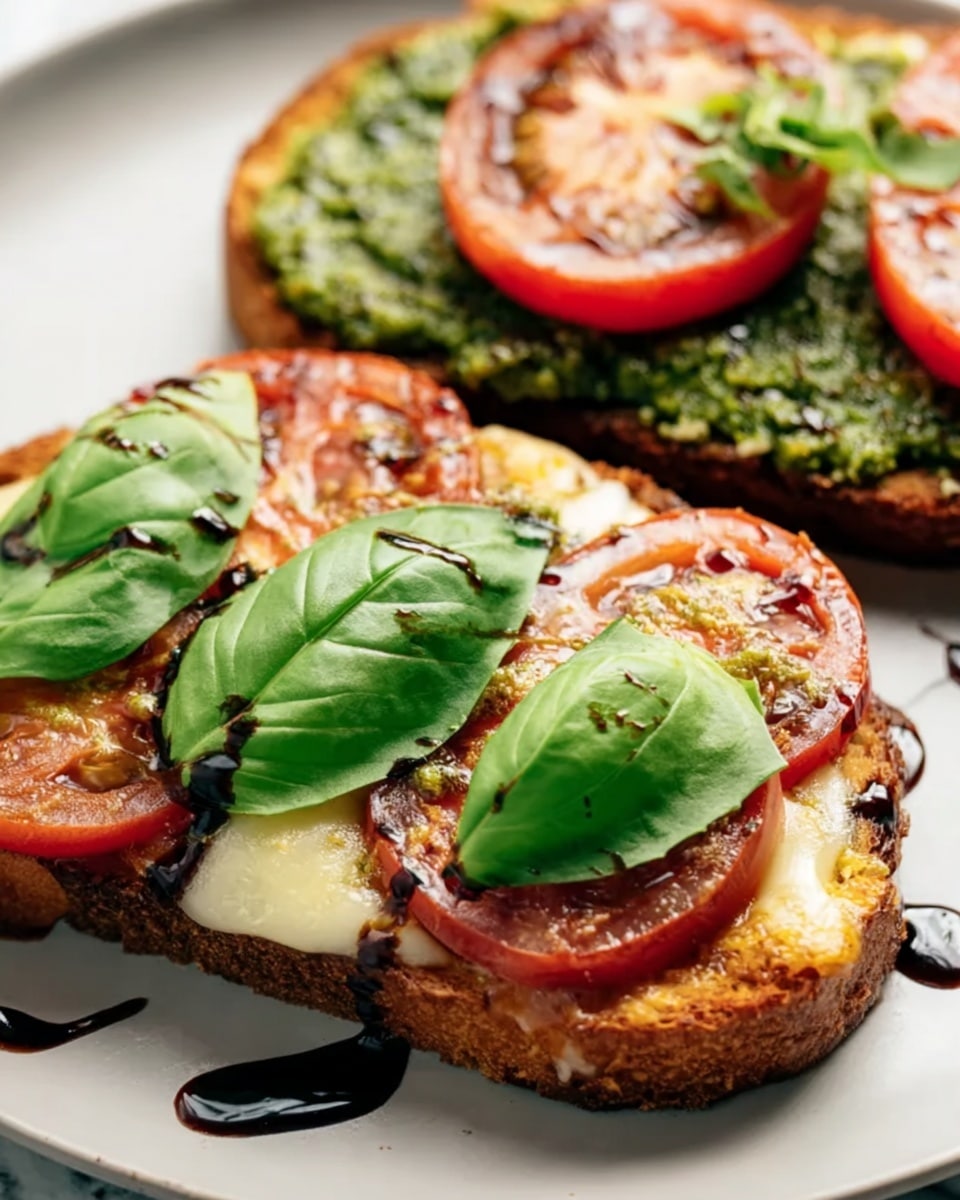 The image shows two open-faced slices of toast on a white plate set on a white marbled surface. Each slice has a base layer of golden-brown toasted bread. The front slice is topped with melted white cheese, several bright red tomato slices, three large fresh green basil leaves placed horizontally across the top, and a drizzle of dark balsamic glaze over everything. The back slice has a thick layer of green pesto sauce covering the melted cheese with a couple of tomato slices placed on top. Photo taken with an iphone --ar 4:5 --v 7