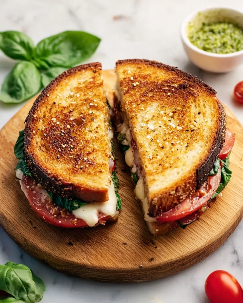 A sandwich cut in half is shown on a round wooden board placed on a white marbled surface. The sandwich has two slices of toasted bread with a golden brown color and some darker toasted spots. Inside, there are layers of red tomato slices, green leafy spinach, and what appears to be melted white cheese peeking out. The toasted bread’s texture is crispy with visible seasoning on top. Around the board, there are some fresh green basil leaves and small red tomatoes, with a white bowl containing a green sauce visible in the upper right corner. photo taken with an iphone --ar 4:5 --v 7
