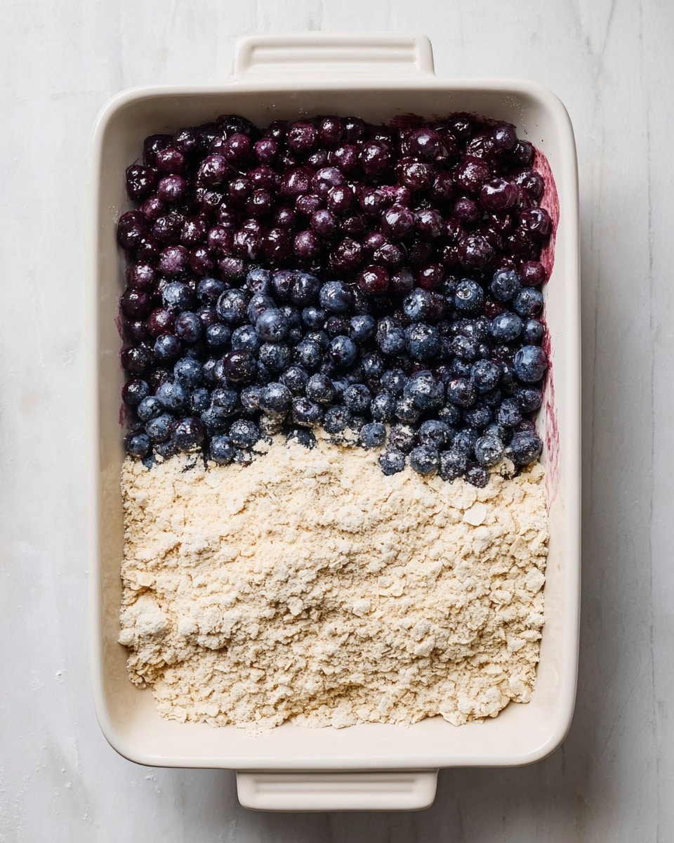 A white rectangular baking dish sits on a white marbled surface, filled halfway with two clear layers: the top left half is covered with shiny, dark purple blueberries that have a slightly frosty texture, while the bottom right half is layered with a light beige crumbly mixture containing oats and flour, creating a textural contrast between the smooth berries and rough topping, the layers are clearly defined and fill the dish close to the edges photo taken with an iphone --ar 4:5 --v 7