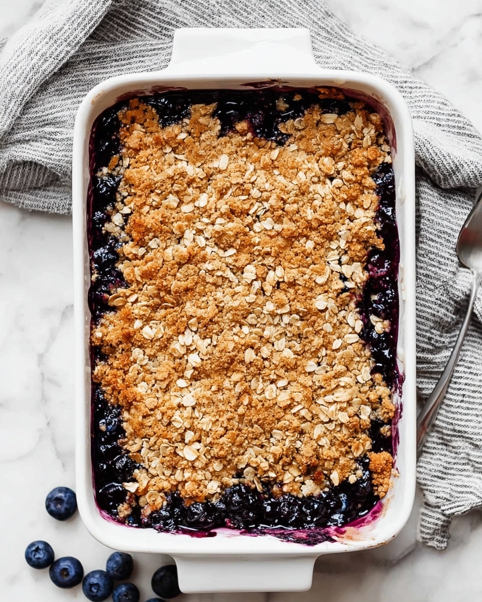 A white rectangular baking dish filled with a two-layer dessert: the bottom layer is dark purple, glossy blueberry filling visible at the edges, and the top layer is a golden-brown oat crumble with loose oats and a rough texture covering the entire surface. The dish is set on a white marbled surface with a grey and white striped cloth partially under it, and a few fresh blueberries scattered nearby. photo taken with an iphone --ar 4:5 --v 7
