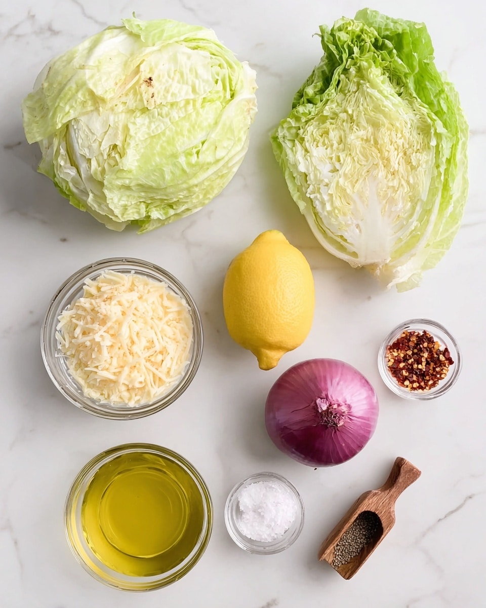 The image shows an arrangement of fresh ingredients on a white marbled surface. At the top left is a full round iceberg lettuce with light green and white leaves, and next to it on the right is a split romaine lettuce revealing its bright green inner leaves. Below the lettuces, in the center, there is a whole bright yellow lemon. To the right of the lemon is a small purple shallot with a smooth shiny surface. Below, toward the bottom left, there is a clear glass bowl filled with shredded pale yellow cheese. Next to it on the right is a smaller clear glass bowl holding red chili flakes. At the bottom center, there is another clear bowl filled with golden yellow olive oil. Finally, at the bottom right, there are two small wooden scoops placed side by side; the left scoop contains black pepper, while the right scoop holds white coarse salt. All ingredients are spaced neatly on the white marbled surface, creating a clean and fresh look. Photo taken with an iphone --ar 4:5 --v 7