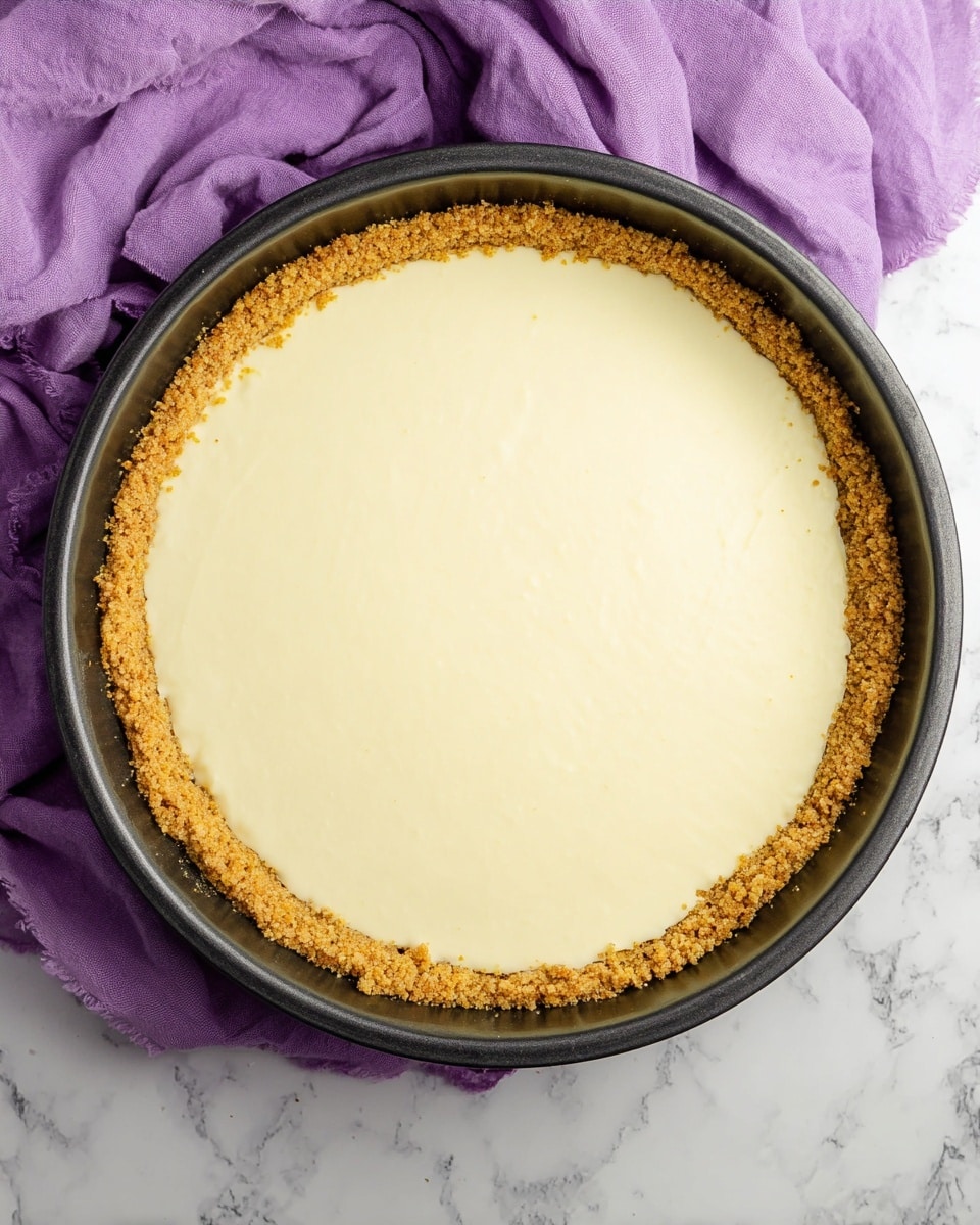 The image shows a round pie with two main layers inside a dark baking pan. The bottom and the sides form the first layer, made of a golden brown crumbly crust with a rough texture. The second layer is a smooth, creamy off-white filling that covers the crust evenly, filling the pie tin almost to the top edges. The pie is placed on a white marbled surface, and a soft purple cloth is seen in the background. Photo taken with an iphone --ar 4:5 --v 7