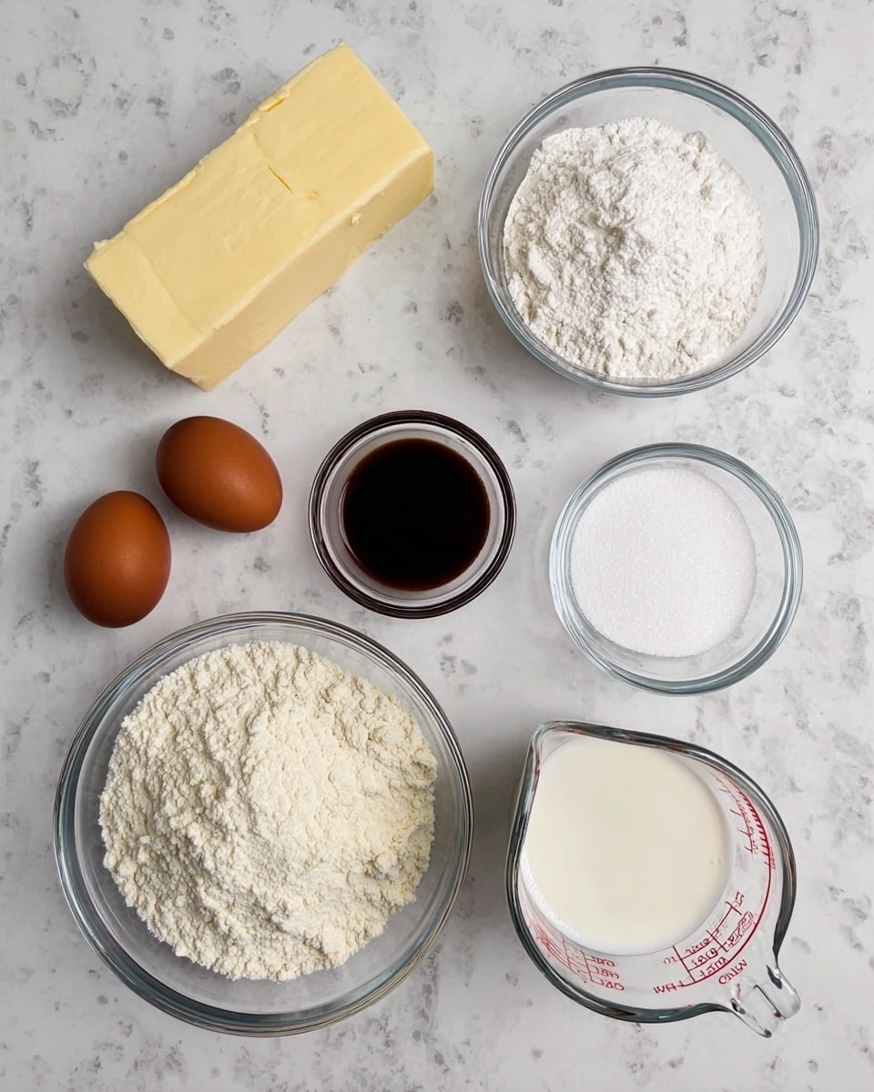 The image shows seven baking ingredients arranged on a white marbled surface. On the top left is a thick rectangular block of butter with a smooth pale yellow texture. Below it, near the bottom left corner, are two brown eggs with a smooth matte shell. To the right of the eggs is a clear glass bowl filled with fine white powdered sugar. Center right from that is a slightly larger clear glass bowl filled with white flour, showing a soft, fluffy texture with some clumps. Above the flour, near the top center, is a smaller clear glass bowl filled with dark brown vanilla extract, liquid and glossy. To its right is another small clear glass bowl containing white baking powder and salt, separated but grouped together. On the far right is a clear glass measuring cup filled with smooth white milk, with visible graduated red markings on the side. photo taken with an iphone --ar 4:5 --v 7