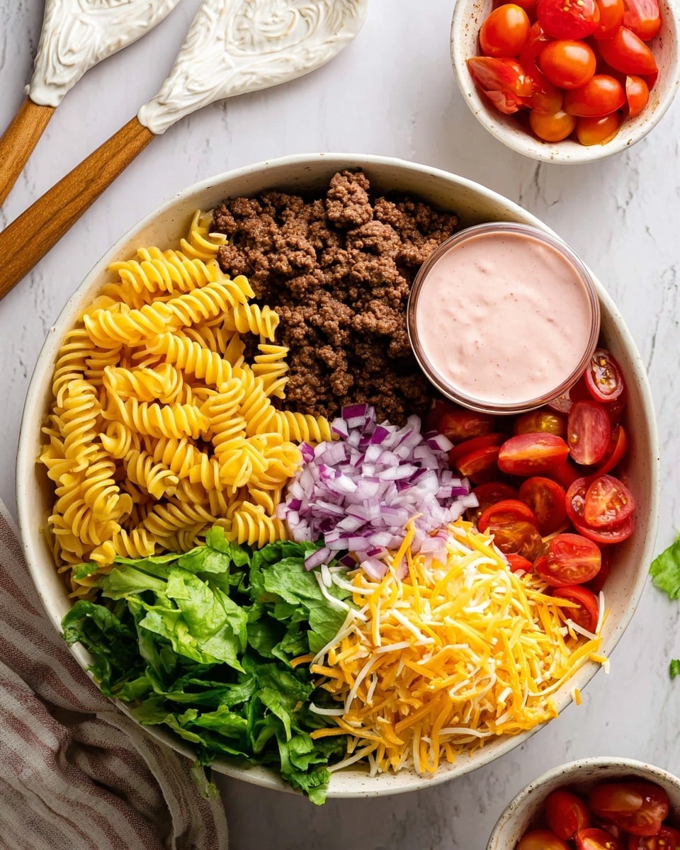 A large white bowl sits on a white marbled surface filled with six distinct layers arranged side by side: cooked yellow spiral pasta on the top left, dark brown cooked ground meat next to it, bright red halved cherry tomatoes on the top right, shredded yellow and white cheddar cheese below the pasta, finely chopped purple onions beside the cheese, and fresh green leafy lettuce next to the onions. A dollop of pink creamy sauce sits partially on the cheese and tomatoes, blending slightly inward. In the background are light wooden spoons with white designs and a small white bowl with more halved cherry tomatoes. Photo taken with an iphone --ar 4:5 --v 7