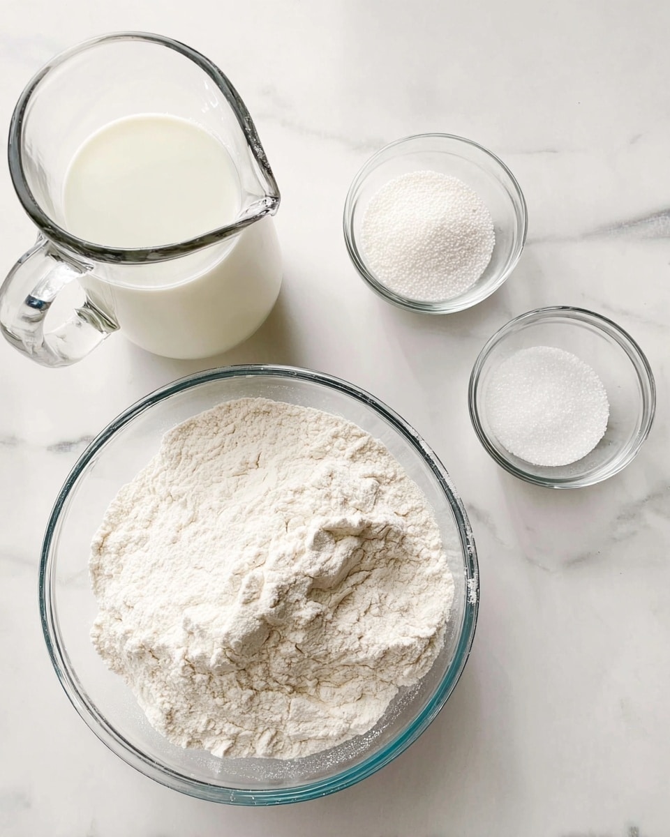 A clear glass bowl filled with a large amount of white flour sits on a white marbled surface. To its left is a clear glass pitcher with a handle full of white milk. Above the flour bowl are two small clear glass bowls, one with white powder and the other with white granules. The overall scene is bright and clean with a soft natural light. photo taken with an iphone --ar 4:5 --v 7