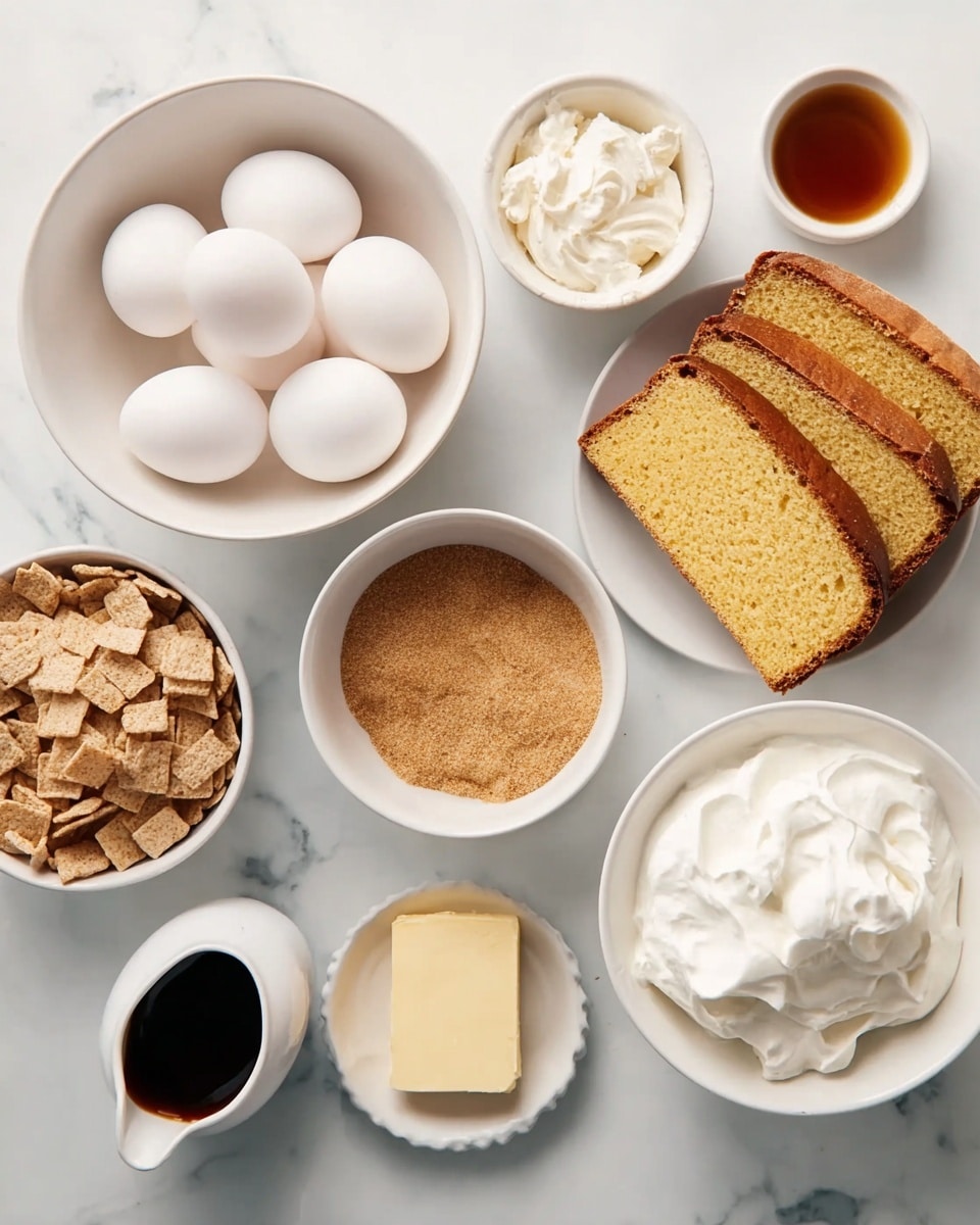 The image shows several white bowls and plates arranged on a white marbled surface. One large bowl contains four white eggs, and near it, five slices of yellow pound cake are stacked slightly spread out. Another bowl is filled with a light brown sugar mixture, while a smaller bowl holds a cube of pale yellow butter. There is a bowl with light brown square cereal pieces at the bottom left, and next to it, a bowl with soft white whipped cream. Two small pitchers contain a dark brown liquid and a light cream-colored liquid. Another small bowl with a yellowish brown sauce is also present. photo taken with an iphone --ar 4:5 --v 7