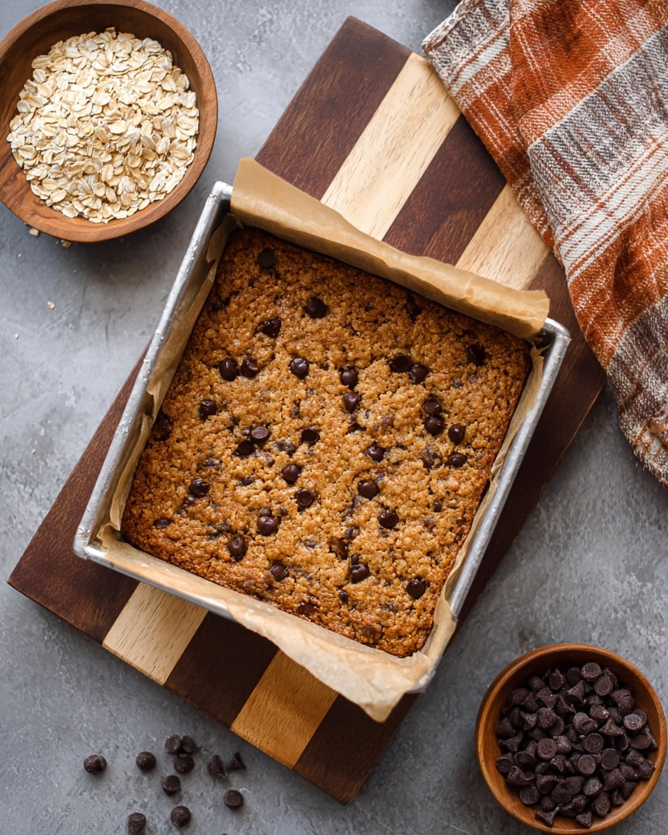 A rectangular oatmeal chocolate chip bar sits in a silver baking pan lined with light brown parchment paper, filling the pan nearly edge to edge with a golden brown, slightly textured surface dotted with dark chocolate chips. The pan rests on two stacked wooden boards, with the top board showing light and dark wood stripes. To the upper left, a small round wooden bowl holds dry oat flakes, some of which spill onto the dark gray surface below. Another small round wooden bowl filled with dark chocolate chips is positioned near the bottom right corner, with scattered chocolate chips and oat flakes around it. The background is a white marbled texture, and a plaid cloth with orange, white, and gray stripes peeks out from under the wooden boards. Photo taken with an iphone --ar 4:5 --v 7