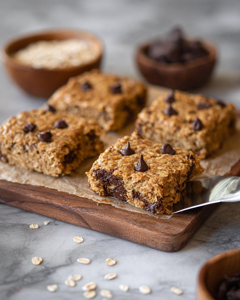 The image shows two square bars stacked on each other, made from oat and chocolate chips. The top bar has a golden-brown texture with scattered shiny dark brown chocolate chips on the surface. The inside layers reveal a soft and dense mixture filled with melted chocolate pieces that create a rich, slightly gooey look. The edges are rough and crumbly, emphasizing the oat texture. The background surface is a white marbled texture with blurred parts showing more bars and a cloth with brown stripes. Photo taken with an iphone --ar 4:5 --v 7